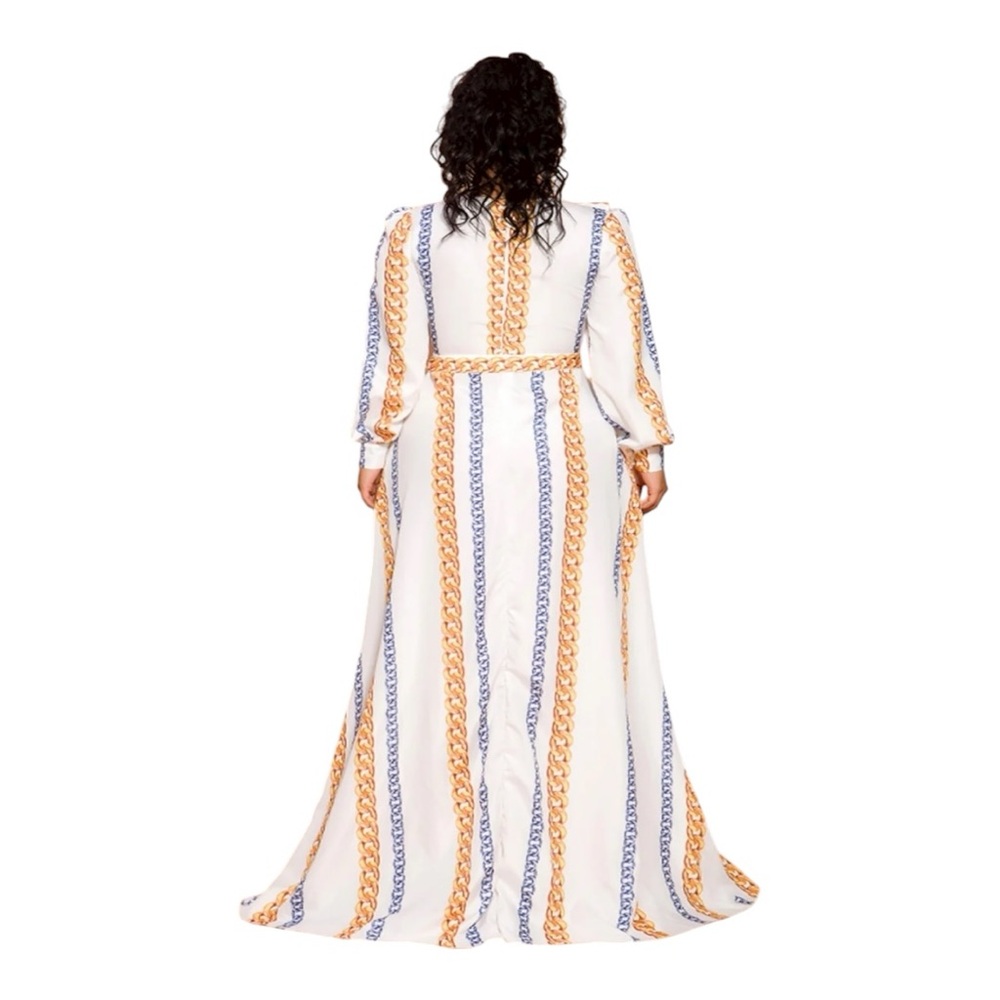 Chain Print Split Thigh Plunge Neck Ruffle Maxi Event Flowy Dress Size Large - Picture 3 of 8